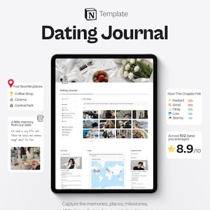 Op de afbeelding: Een digitaal Notion-sjabloon voor een datingdagboek weergegeven op een tabletscherm. De interface bevat secties voor favoriete plaatsen, herinneringslogboeken, een vision board met fotorasters, profielpagina's, een wereldkaart en een beoordelingssysteem.