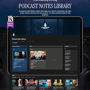 Mall för Notion Podcast-anteckningar | Organisera podcastavsnitt, sammanfattningar och insikter (digital nedladdning)