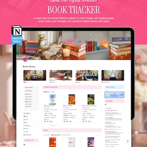 May include: A digital book tracker on a tablet screen, with the text "BOOK TRACKER" and "Build Your Digital Bookshelf." The interface displays book covers, reading logs, and a library. The image also shows a shelf with books, candles, and flowers.