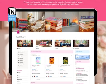 May include: A digital book tracker on a tablet screen, with the text "BOOK TRACKER" and "Build Your Digital Bookshelf." The interface displays book covers, reading logs, and a library. The image also shows a shelf with books, candles, and flowers.