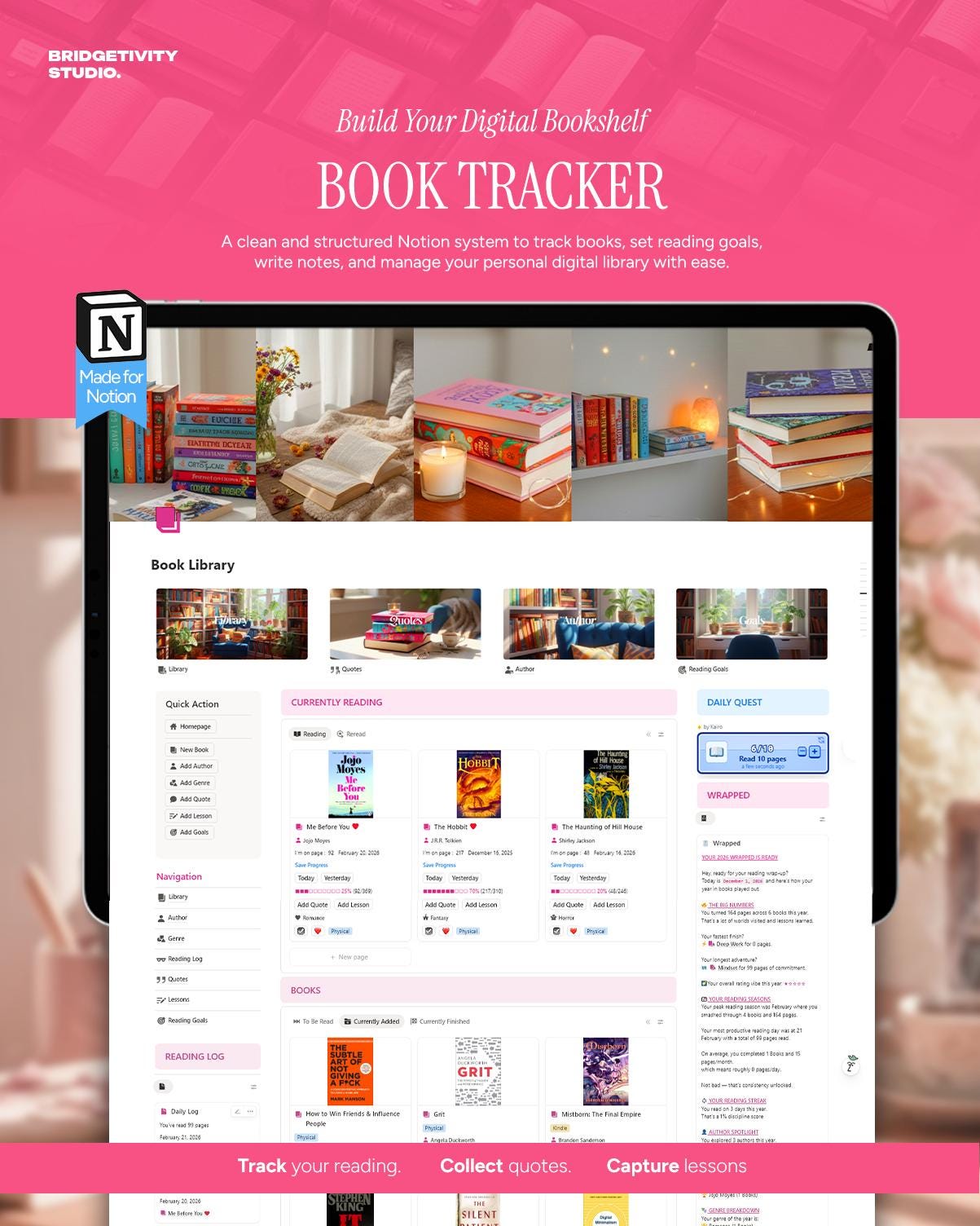 Reading Tracker Notion Template - Book Tracker - Digital Bookshelf Planner