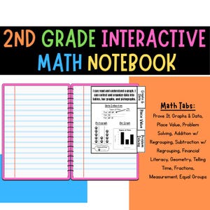 Könnte beinhalten: Ein rosa Spiralnotizbuch mit linierten Seiten, mit dem Text "2ND GRADE INTERACTIVE MATH NOTEBOOK". Das Notizbuch enthält Abschnitte zu Diagrammen, Daten, Stellenwert und Problemlösung.