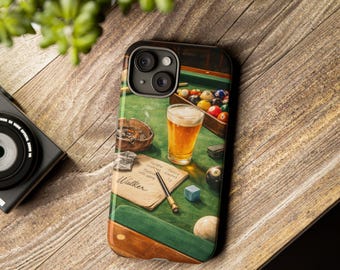 Billiards Pool Table Scene Phone Case | Beer, Cue, Chalk, Vintage Game Room