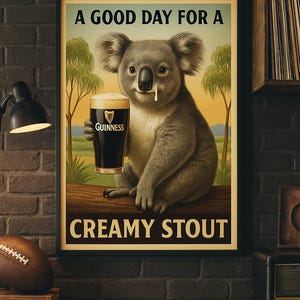 May include: Poster featuring a koala holding a pint of Guinness stout. The koala is sitting on a log with a landscape background. Text reads "A Good Day For A Creamy Stout."