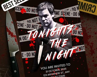 May include: A promotional poster with a dark theme, featuring a man holding a knife. The text "TONIGHTS THE NIGHT" is prominently displayed. The poster includes crime scene tape and blood splatter, with the words "BEST SELLER" in the corner.