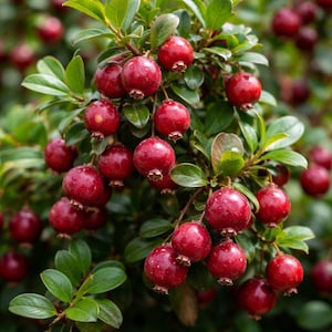 May include: Close-up of a shrub with glossy green leaves and numerous bright red berries. The berries are round and clustered, with small brown stems. The image is well-lit, highlighting the vibrant colors and textures of the plant.