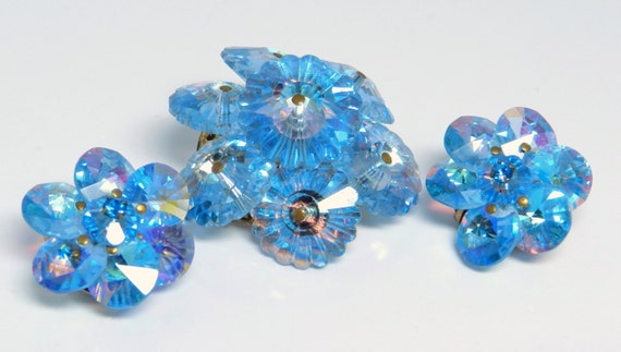 Vintage Vibrant Peacock Blue Rivoli Brooch And Ea… - image 2