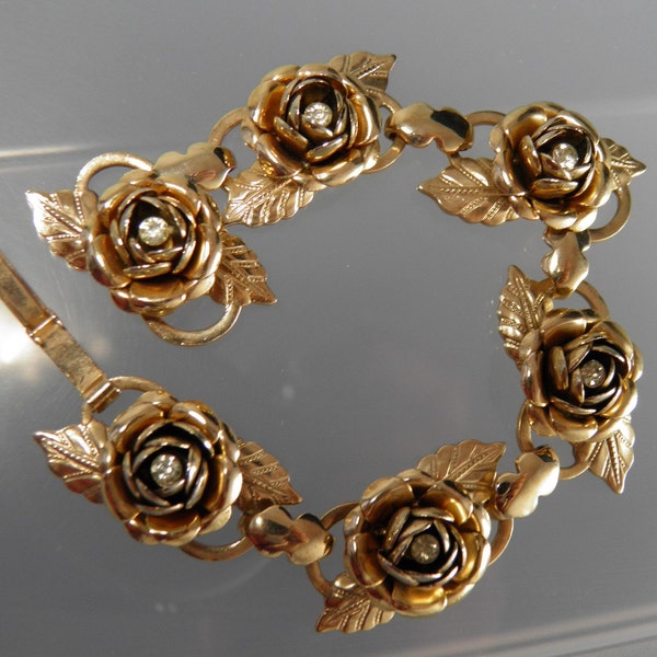 Beautiful Vintage Bracelet With Rose Blossoms Accented With Rhinestones