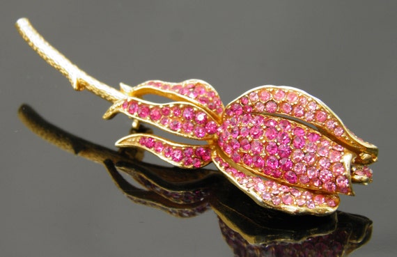 Vintage Rare Corocraft Pink Rhinestone Rosebud Br… - image 2