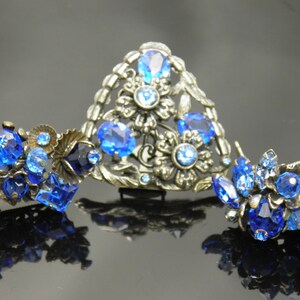 Rare Eugene Demi Parure Of Hand Crafted Earrings And Dress Clip Brooch Pin In Stunning Blue Rhinestones