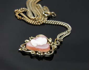 Vintage Heart Shaped Ornately Designed Victorian Cameo Pendant Necklace In  Silver Tone