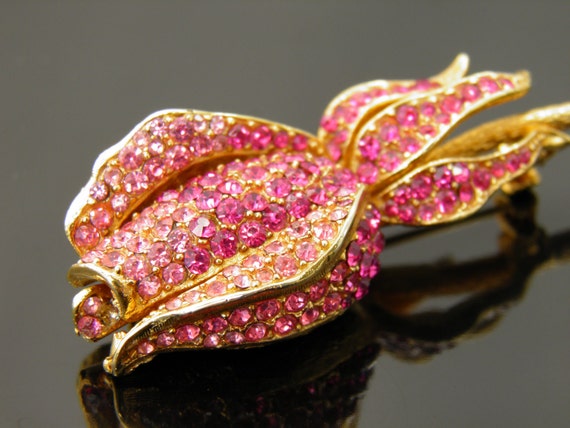 Vintage Rare Corocraft Pink Rhinestone Rosebud Br… - image 3