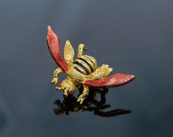 Vintage Tancer II Red And Blue Gold Tone Bumble Bee Brooch Pin