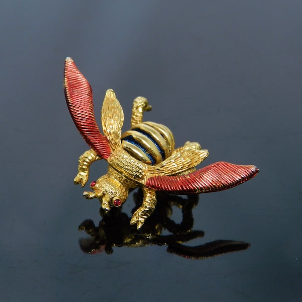 Vintage Tancer II Red And Blue Gold Tone Bumble Bee Brooch Pin