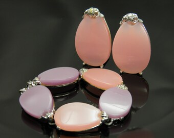 Clavelito Leru vintage y lavanda Thermoset Moonglow óvalos pulsera y pendientes de Clip en plata ajuste de tono