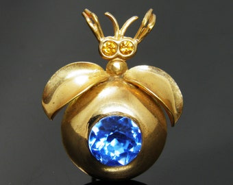 Vintage Rare Bee Bug Brooch Prong Pin In Gold Tone Setting And Vibrant Sapphire Blue Rhinestone