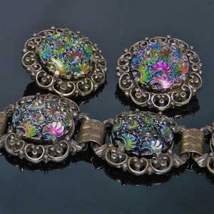 Vintage Judy Lee Colorful Art Glass Chunky 6&quot; Statement Bracelet And Earring Set