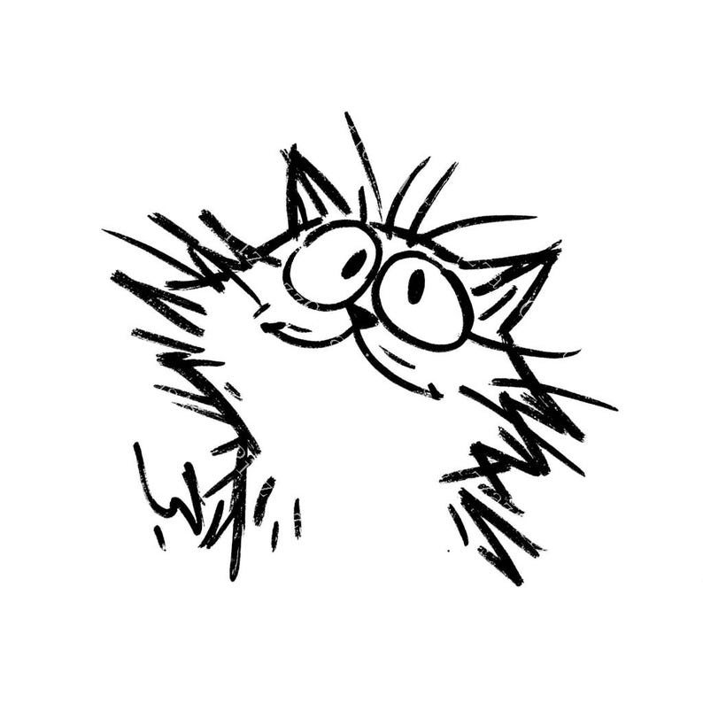 May include: A black and white cartoon illustration of a cat's face. The cat has large, wide eyes and a slightly mischievous expression. The artwork is done in a sketchy, hand-drawn style, with bold lines and a playful feel.