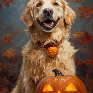 May include: A smiling golden retriever wearing a pumpkin tag, next to a carved jack-o'-lantern. The dog is set against a backdrop of autumn leaves. The image evokes a warm, autumnal atmosphere, ideal for Halloween celebrations.