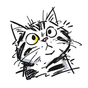 May include: A whimsical illustration of a cat's face with large, expressive eyes. The cat is depicted in a sketchy, black and white style with a pop of yellow in one eye and a pink nose. The cat appears surprised or curious.