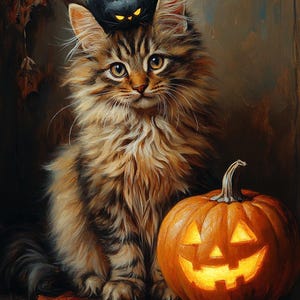 May include: A fluffy tabby cat with a black bat perched on its head sits beside a carved orange pumpkin with a glowing face. Autumn leaves are scattered on the wooden surface, creating a Halloween theme.