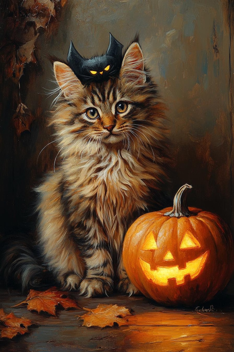 May include: A fluffy tabby cat with a black bat perched on its head sits beside a carved orange pumpkin with a glowing face. Autumn leaves are scattered on the wooden surface, creating a Halloween theme.