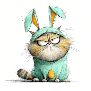 May include: A grumpy cartoon cat wearing a teal bunny costume with orange inner ears and a matching egg pendant. The cat has a fluffy, multi-colored coat and an annoyed expression, set against a white background.