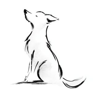 Puede incluir: Ilustración en blanco y negro de un perro en posición sentada, mirando hacia arriba. La obra de arte utiliza pinceladas para crear un estilo minimalista. La forma del perro se define por líneas audaces y expresivas, con un enfoque en la cabeza y la mirada hacia arriba.