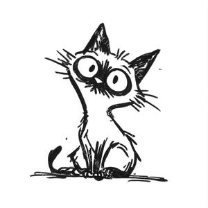 May include: A black and white cartoon illustration of a cat with large, surprised eyes. The cat is sitting upright with its tail curled, and its whiskers are visible. The drawing style is sketchy and expressive.