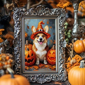 May include: A framed painting depicts a corgi in a witch's hat, with carved pumpkins, set against autumn leaves. The artwork is in an ornate silver frame, with pumpkins and foliage in the background, creating a Halloween theme.