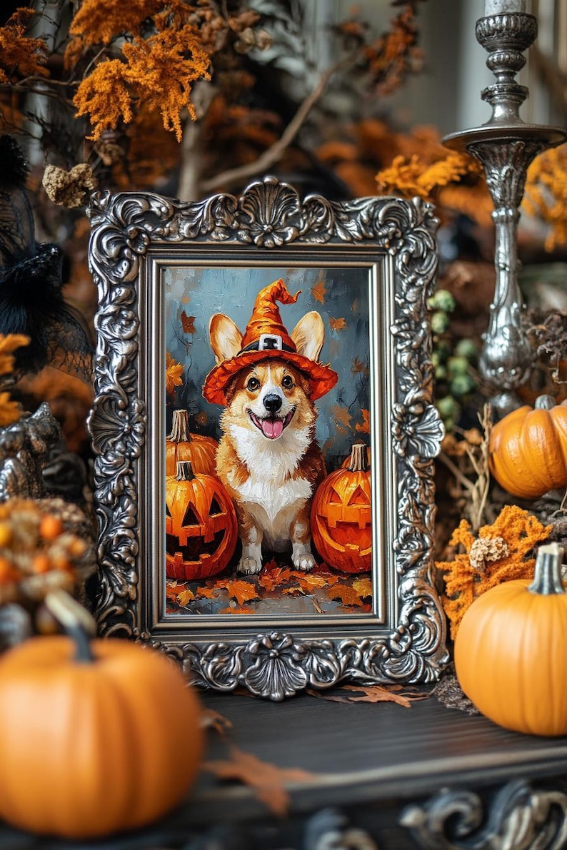 May include: A framed painting depicts a corgi in a witch's hat, with carved pumpkins, set against autumn leaves. The artwork is in an ornate silver frame, with pumpkins and foliage in the background, creating a Halloween theme.