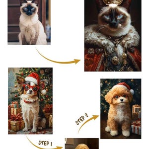 May include: An advertisement for custom pet portraits. The image shows a Siamese cat and a dog, each transformed into regal portraits. The text "CUSTOM PORTRAITS" is at the top of the image.
