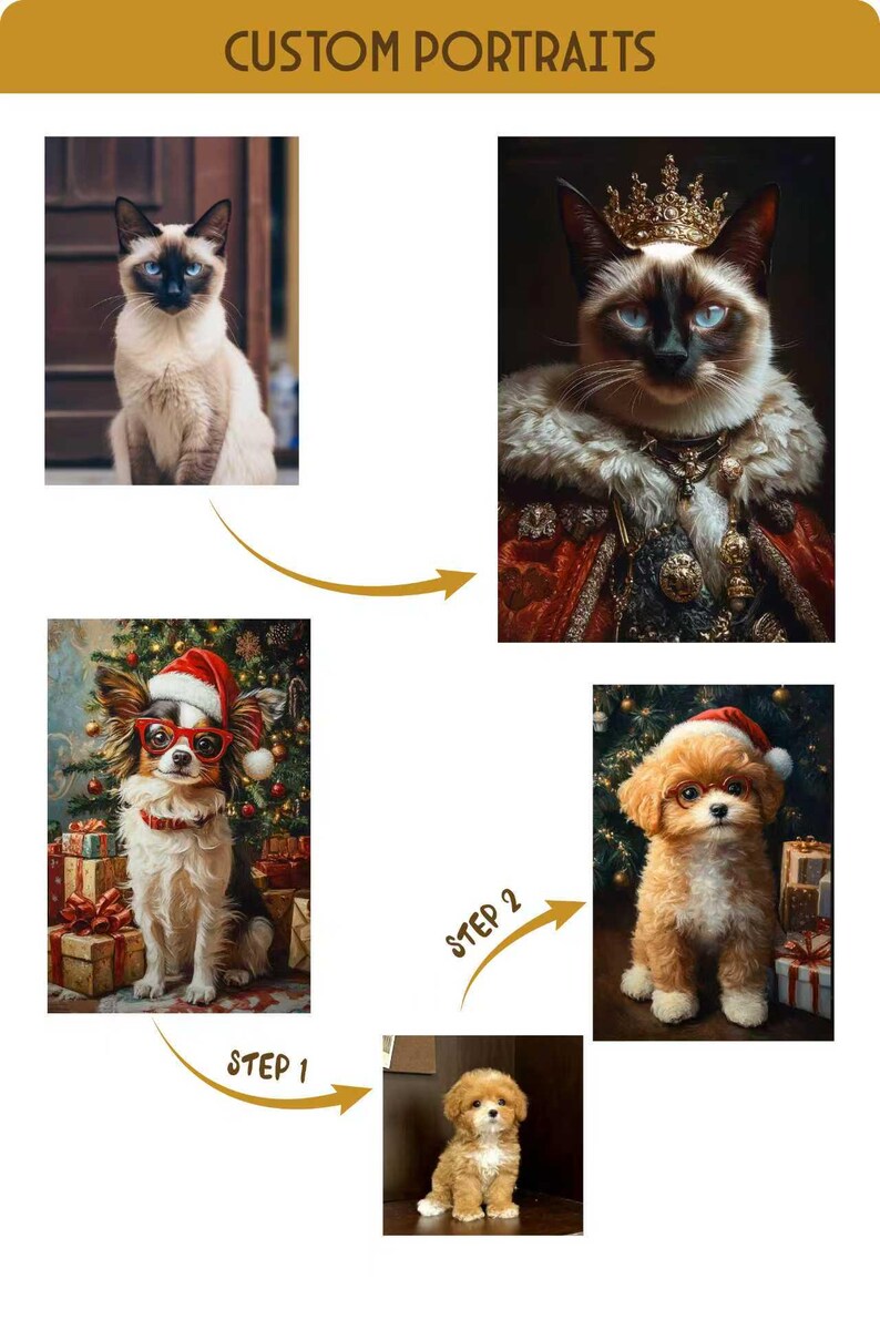 May include: An advertisement for custom pet portraits. The image shows a Siamese cat and a dog, each transformed into regal portraits. The text "CUSTOM PORTRAITS" is at the top of the image.