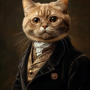 May include: A portrait of a cat dressed in formal attire. The cat wears spectacles and a black coat with gold buttons over a patterned waistcoat. The background is a dark brown, blurred gradient.
