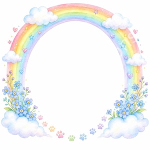 May include: A circular frame illustration featuring a pastel rainbow arching over white clouds. The design includes clusters of small blue flowers at the base, accented with scattered pink hearts, yellow stars, and colorful paw prints along the bottom.