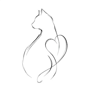 Könnte beinhalten: Eine schwarze Strichzeichnung auf weißem Hintergrund, die die Silhouette einer Katze im Profil zeigt. Die durchgehende, fließende Linie bildet die Form von Kopf, Rücken und Schwanz der Katze, die sich zu einer Herzform krümmt.