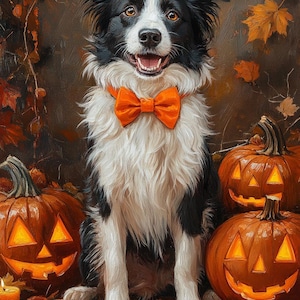 May include: A black and white Border Collie wearing an orange bow tie, positioned before three carved jack-o'-lanterns. The dog is smiling, and the pumpkins have lit faces. Autumn leaves and a candle complete the Halloween scene.