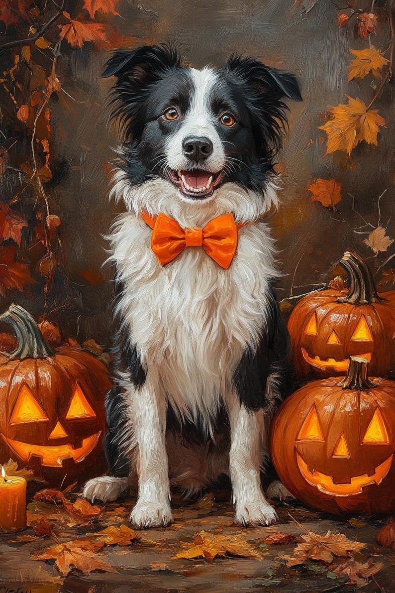 May include: A black and white Border Collie wearing an orange bow tie, positioned before three carved jack-o'-lanterns. The dog is smiling, and the pumpkins have lit faces. Autumn leaves and a candle complete the Halloween scene.