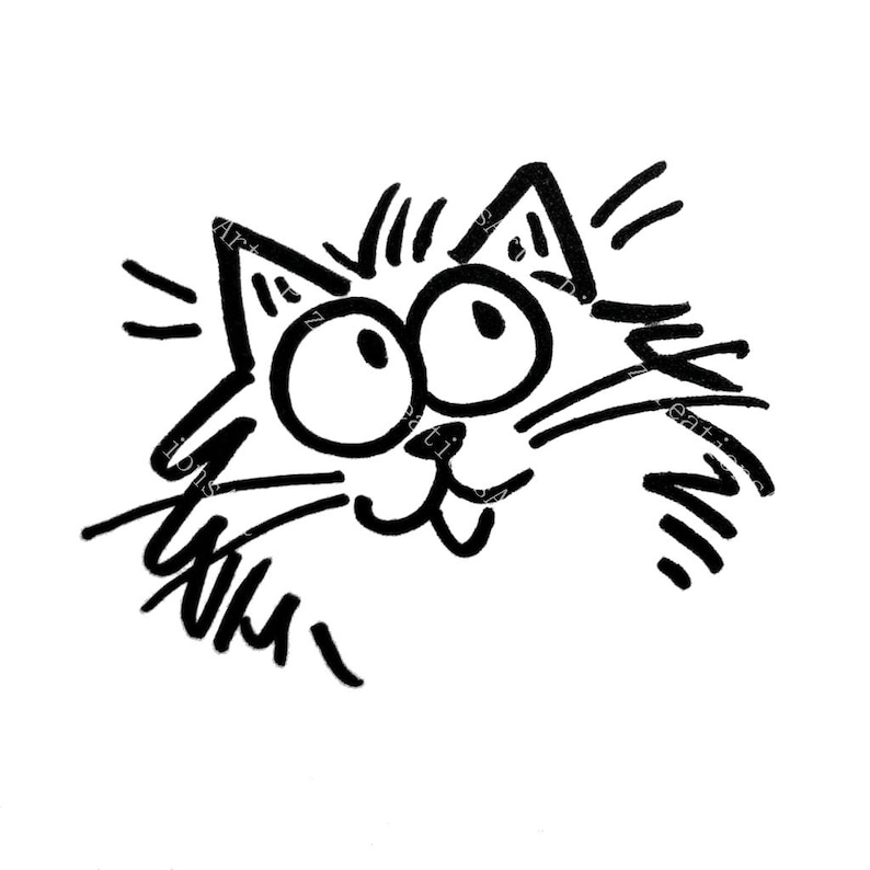 May include: A black and white cartoon cat face with large eyes, whiskers, and a smiling mouth. The cat's fur is stylized with curved lines, and the overall design is simple and playful. The image is on a white background.