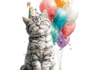 10 Cat Balloon Clipart, Cartoon Cats, Party Invitation, Printable Watercolor, High-Quality JPGs, Paper Craft, Junk Journal, Digital Download