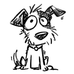 May include: A black and white cartoon illustration of a dog with large, expressive eyes. The dog is sitting, wearing a collar, and has a whimsical, sketched appearance. The image is on a white background.