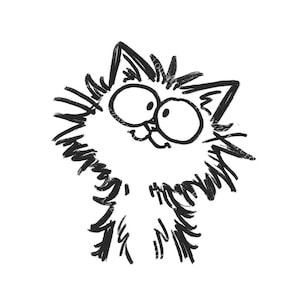 May include: A black and white cartoon illustration of a cat with large, round eyes and a fluffy body. The cat's fur is depicted with thick, sketchy lines, giving it a playful and whimsical appearance. The cat is smiling.
