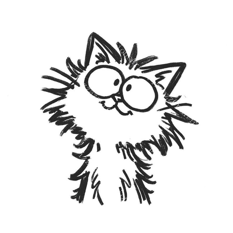 May include: A black and white cartoon illustration of a cat with large, round eyes and a fluffy body. The cat's fur is depicted with thick, sketchy lines, giving it a playful and whimsical appearance. The cat is smiling.