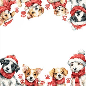 May include: Watercolor illustration of puppies wearing red Santa hats and scarves. The puppies are surrounded by red paw prints. The puppies have various fur colors, including brown, black, and white. The image has a festive, holiday theme.