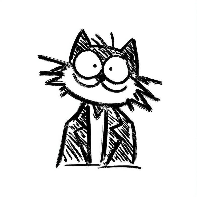 May include: A black and white cartoon illustration of a cat wearing a jacket. The cat has large, expressive eyes and a wide grin. The artwork is done in a sketchy, hand-drawn style, giving it a playful and whimsical feel.