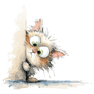 Puede incluir: Ilustración en acuarela de un gato sorprendido asomándose por una esquina. El gato tiene ojos grandes y abiertos y un pelaje mullido y multicolor. La obra de arte está realizada en un estilo caprichoso con texturas suaves de acuarela.