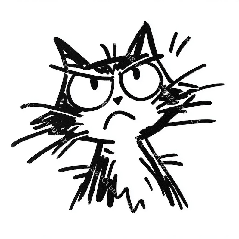 May include: A black and white cartoon illustration of an angry cat with large eyes and a furrowed brow. The cat's whiskers and fur are depicted with bold, sketchy lines, conveying a sense of agitation and frustration.