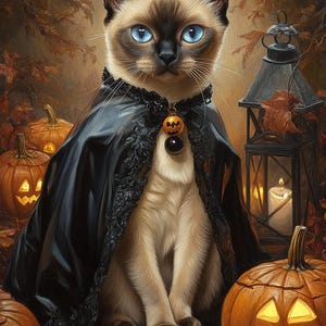 May include: A Siamese cat with blue eyes, wearing a black cape with lace trim and a pumpkin pendant. The cat is surrounded by carved pumpkins, autumn leaves, and a lantern, creating a Halloween theme.