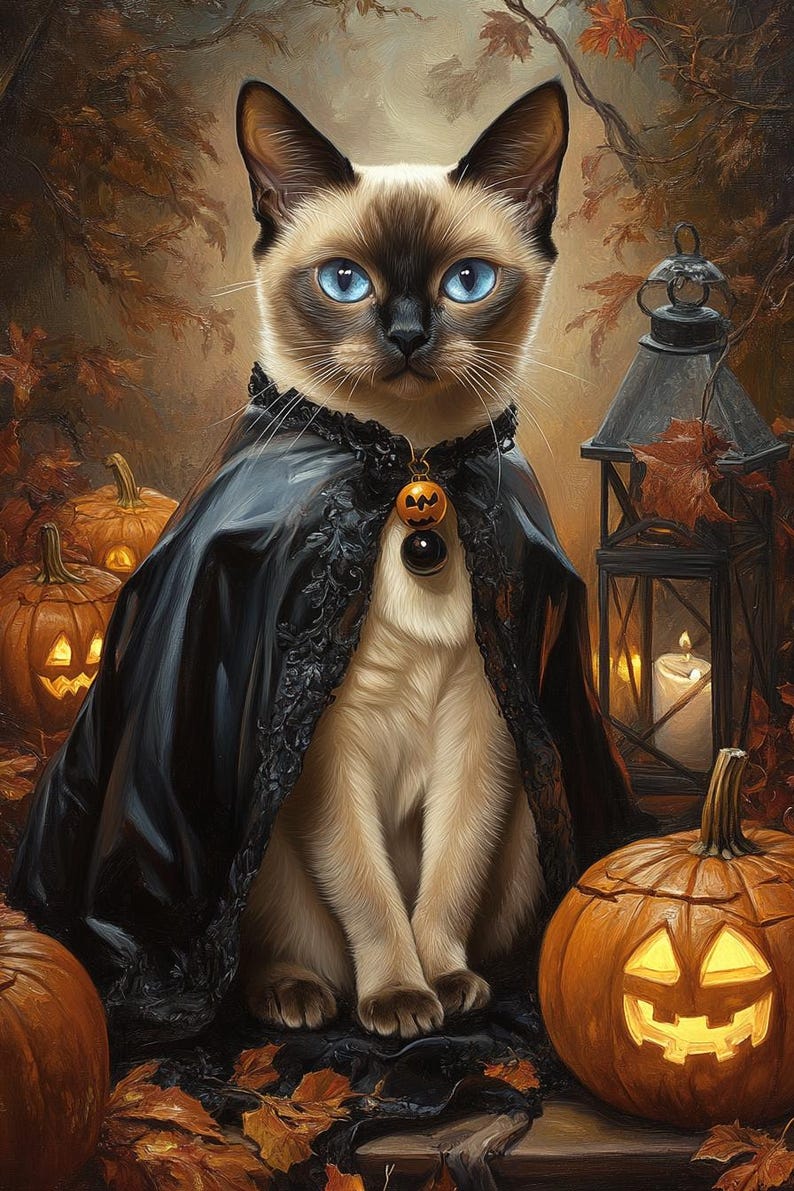 May include: A Siamese cat with blue eyes, wearing a black cape with lace trim and a pumpkin pendant. The cat is surrounded by carved pumpkins, autumn leaves, and a lantern, creating a Halloween theme.