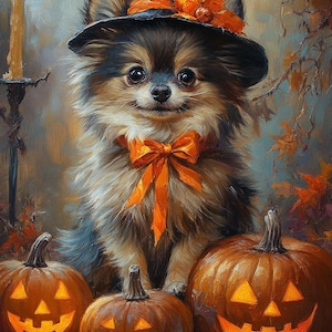 May include: A Pomeranian dog wearing a witch's hat and orange bow tie sits before three carved pumpkins with lit faces. The dog is surrounded by autumn leaves, creating a Halloween theme.